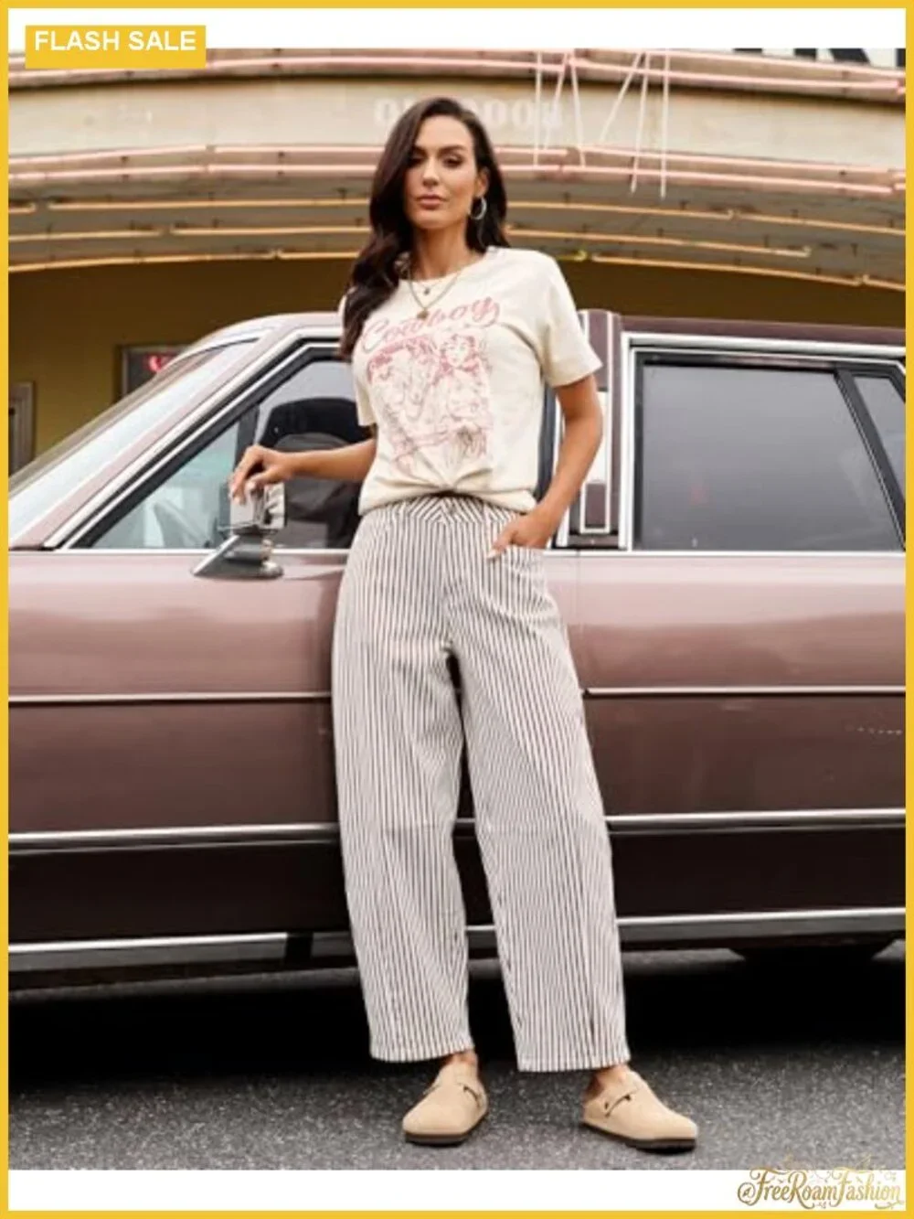 Striped High Waisted Wide Leg Baggy Jeans with Pockets